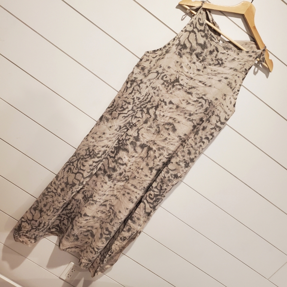 Lungo L'arno Medium Linen Maxi Long Loose Dress Italy Tan Feather Abstract Boho
